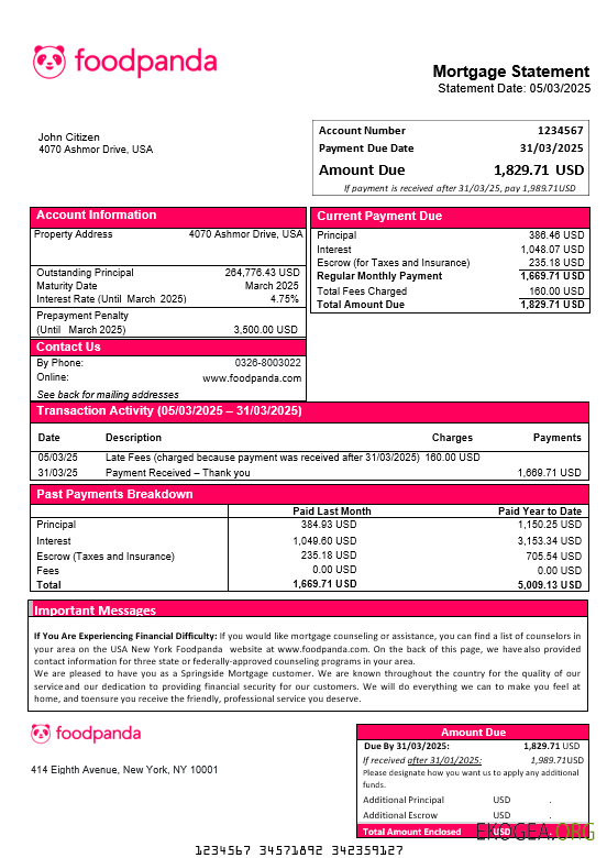 Relevé hypothécaire USA New York Foodpanda aux formats Word et PDF